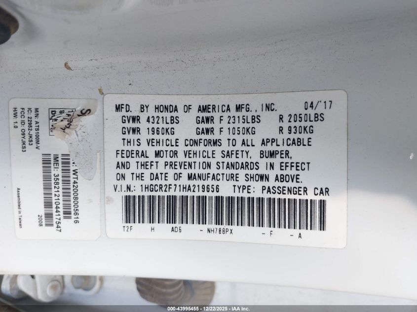 2017 Honda Accord Ex VIN: 1HGCR2F71HA219656 Lot: 43995455