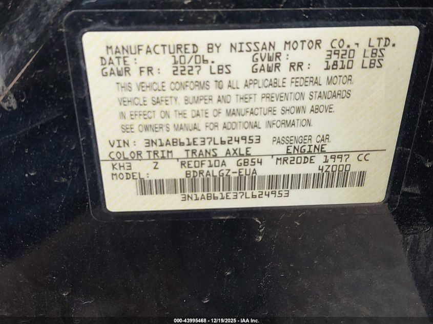 2007 Nissan Sentra 2.0Sl VIN: 3N1AB61E37L624953 Lot: 43995468