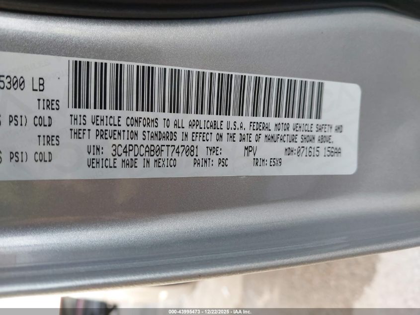 2015 Dodge Journey American Value Pkg VIN: 3C4PDCAB0FT747081 Lot: 43995473