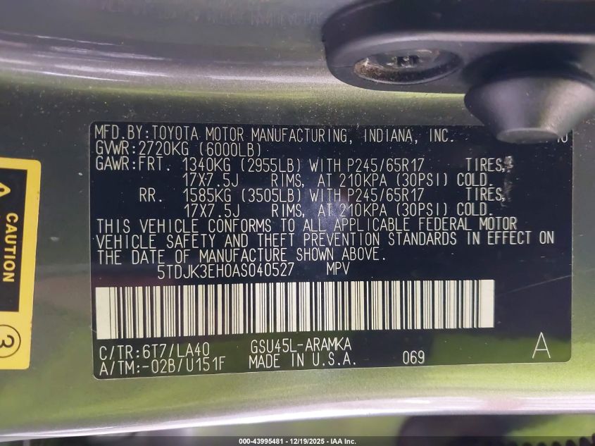 2010 Toyota Highlander Se V6 VIN: 5TDJK3EH0AS040527 Lot: 43995481