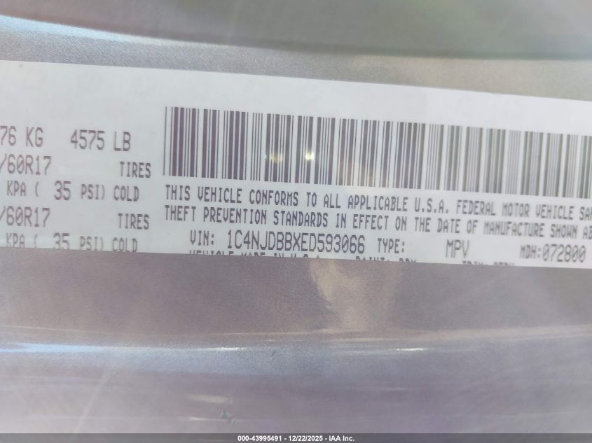 2014 Jeep Compass Sport VIN: 1C4NJDBBXED593066 Lot: 43995491