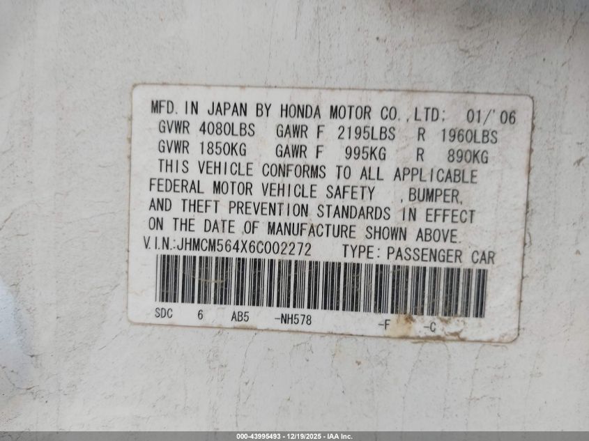 2006 Honda Accord Lx VIN: JHMCM564X6C002272 Lot: 43995493