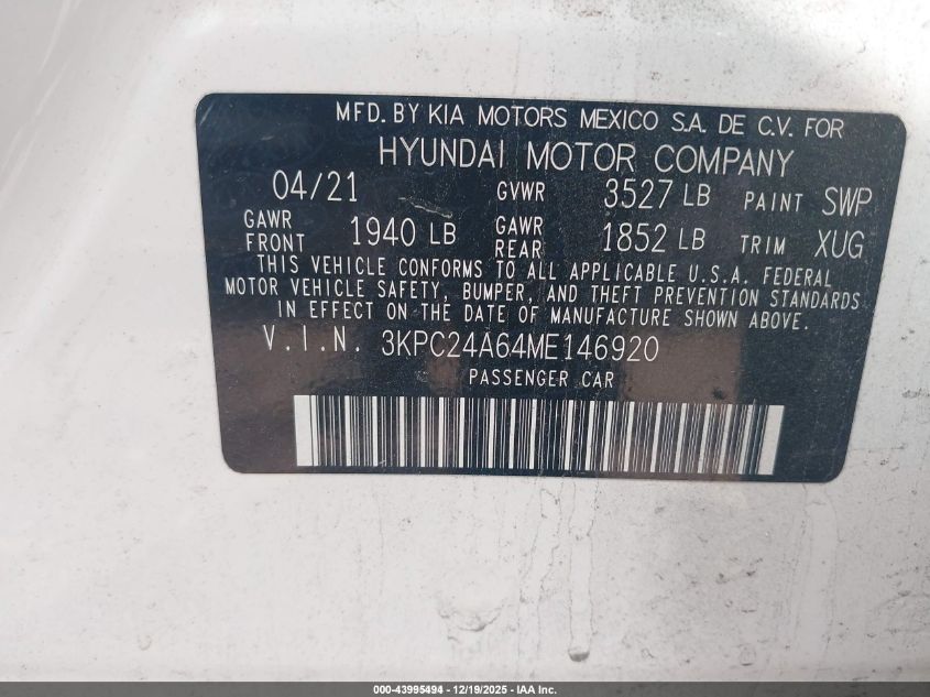 2021 Hyundai Accent Se VIN: 3KPC24A64ME146920 Lot: 43995494