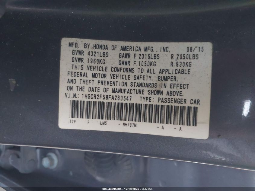 2015 Honda Accord Sport VIN: 1HGCR2F59FA260547 Lot: 43995505