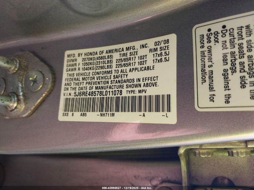 2008 Honda Cr-V Ex VIN: 5J6RE48578L011078 Lot: 43995527