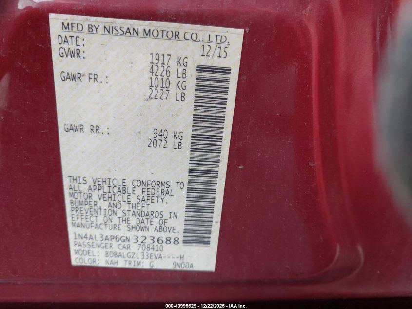 2016 Nissan Altima 2.5 S VIN: 1N4AL3AP6GN323688 Lot: 43995529