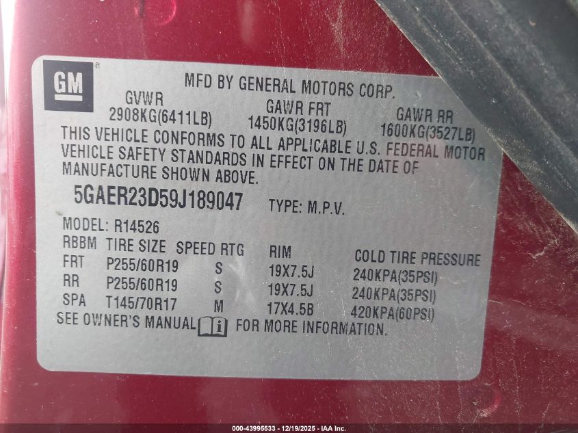 2009 Buick Enclave Cxl VIN: 5GAER23D59J189047 Lot: 43995533