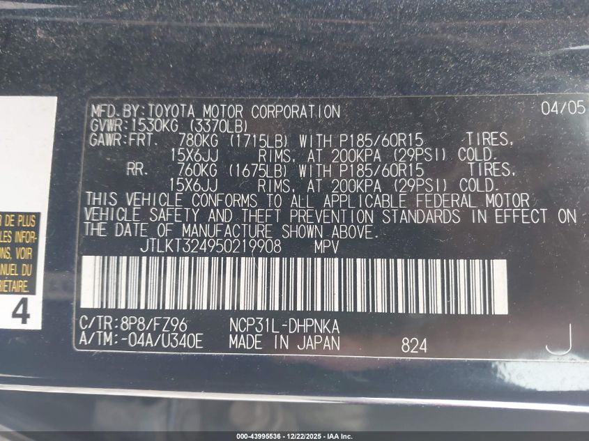 2005 Scion Xb VIN: JTLKT324950219908 Lot: 43995536