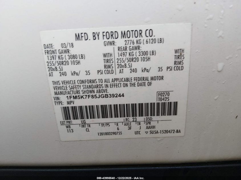 2018 Ford Explorer Limited VIN: 1FM5K7F85JGB39244 Lot: 43995540