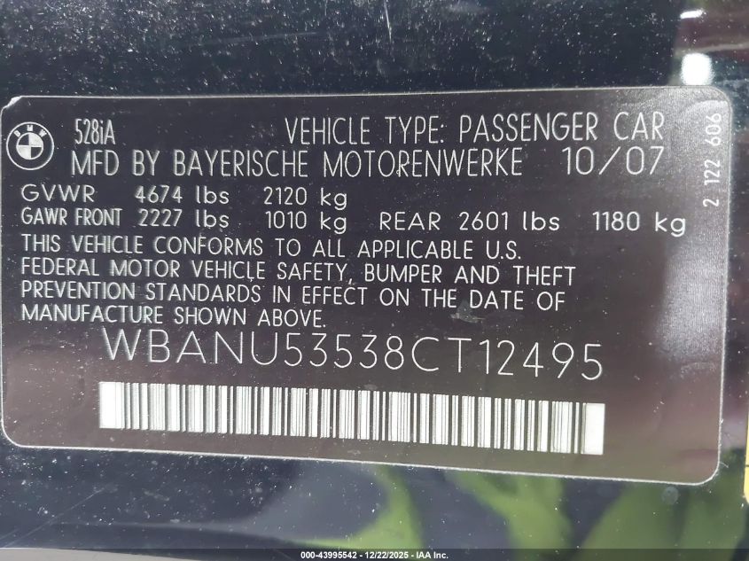 2008 BMW 528I VIN: WBANU53538CT12495 Lot: 43995542