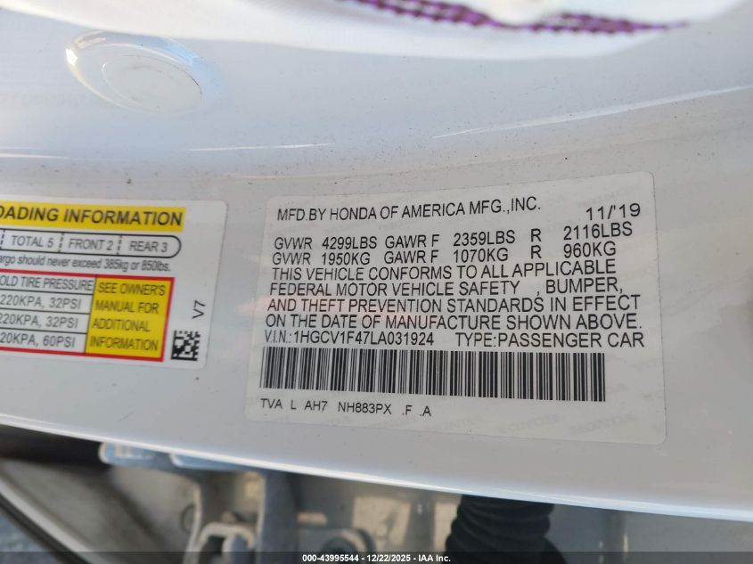 2020 Honda Accord Ex VIN: 1HGCV1F47LA031924 Lot: 43995544