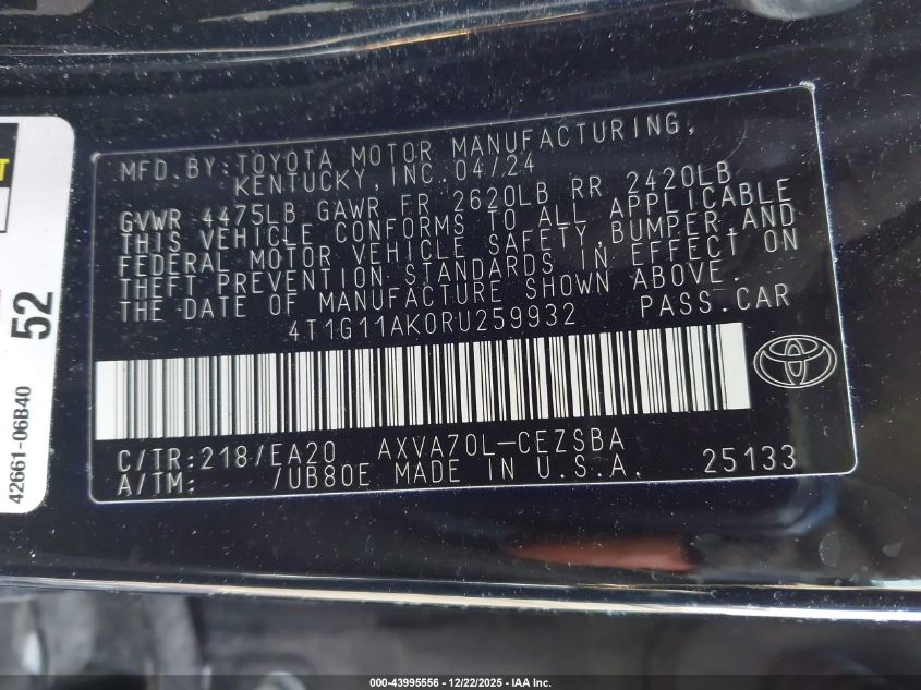 2024 Toyota Camry Se VIN: 4T1G11AK0RU259932 Lot: 43995556