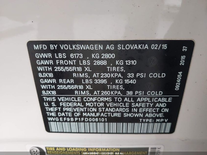2015 Volkswagen Touareg V6 Sport VIN: WVGEF9BP1FD006101 Lot: 43995562