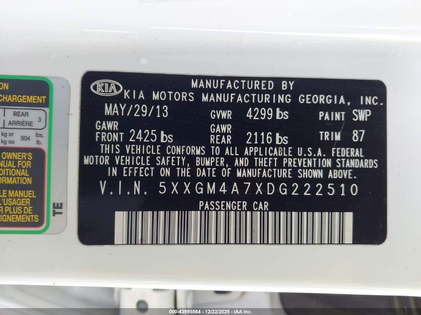 2013 Kia Optima Lx VIN: 5XXGM4A7XDG222510 Lot: 43995564