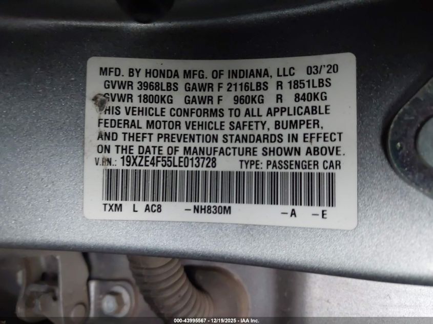 2020 Honda Insight Ex VIN: 19XZE4F55LE013728 Lot: 43995567