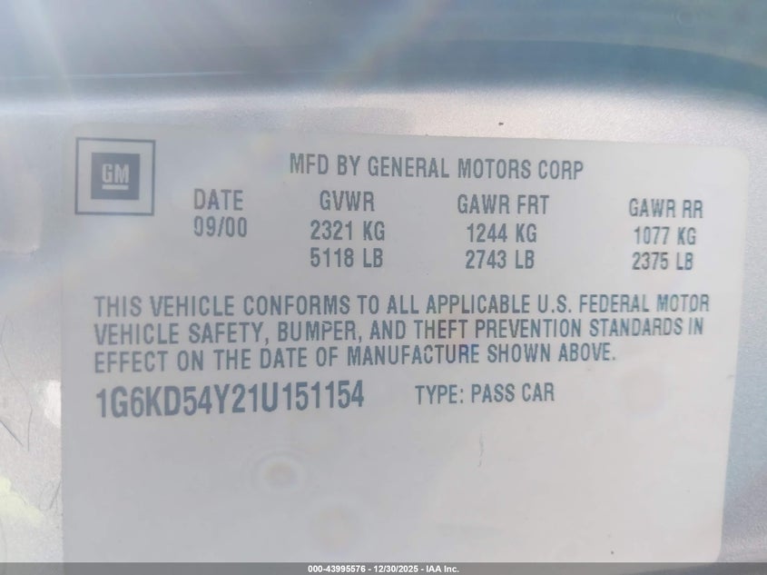 2001 Cadillac Deville Standard W/W20 VIN: 1G6KD54Y21U151154 Lot: 43995576