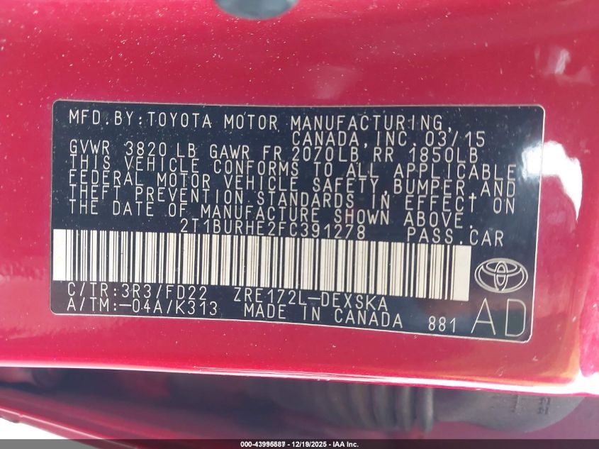 2015 Toyota Corolla S Plus VIN: 2T1BURHE2FC391278 Lot: 43995587