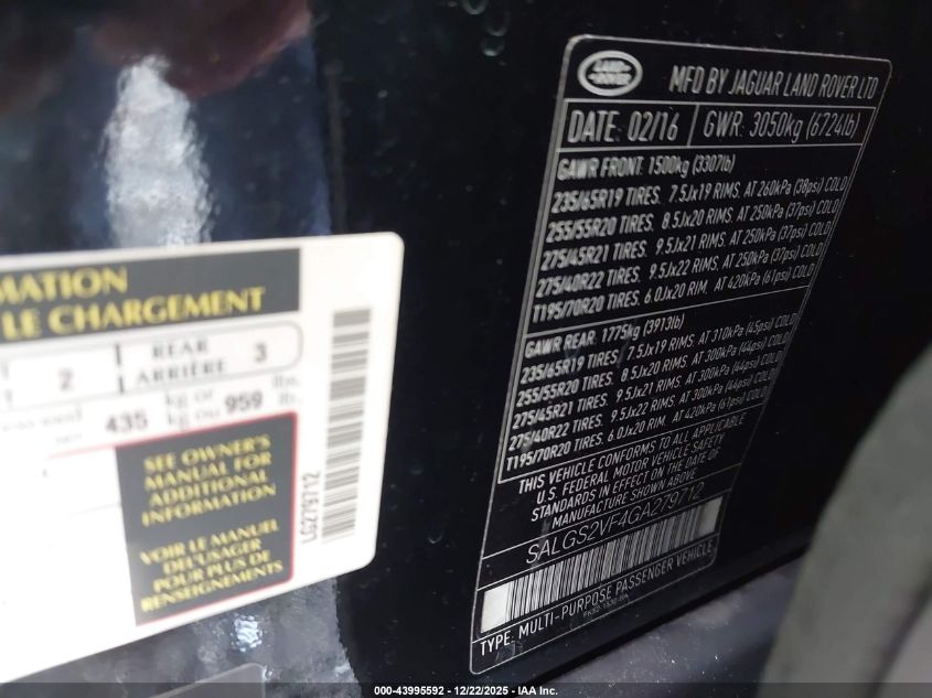 2016 Land Rover Range Rover 3.0L V6 Supercharged Hse VIN: SALGS2VF4GA279712 Lot: 43995592