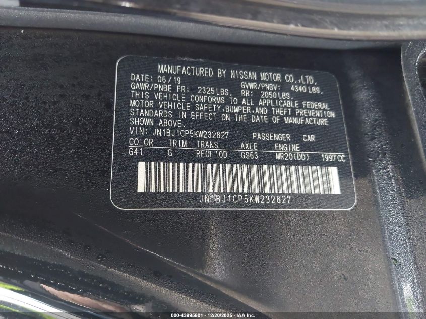 2019 Nissan Rogue Sport Sl VIN: JN1BJ1CP5KW232827 Lot: 43995601