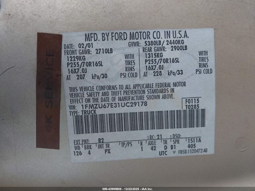 2001 Ford Explorer Sport Trac VIN: 1FMZU67E31UC29178 Lot: 43995608