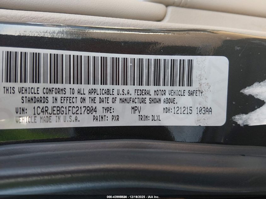 2015 Jeep Grand Cherokee Limited VIN: 1C4RJEBG1FC217804 Lot: 43995624