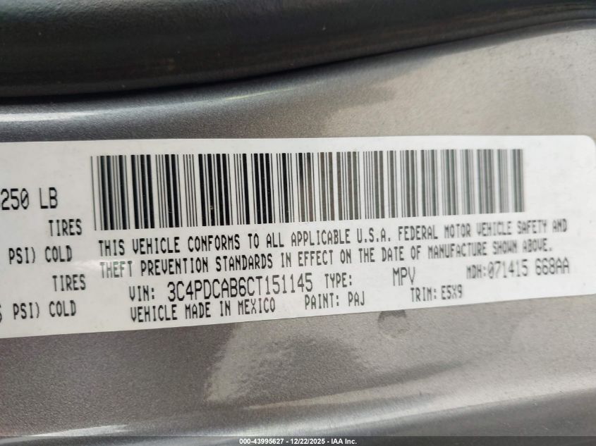 2012 Dodge Journey Se/Avp VIN: 3C4PDCAB6CT151145 Lot: 43995627