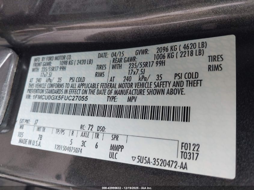 2015 Ford Escape Se VIN: 1FMCU0GX5FUC27055 Lot: 43995632