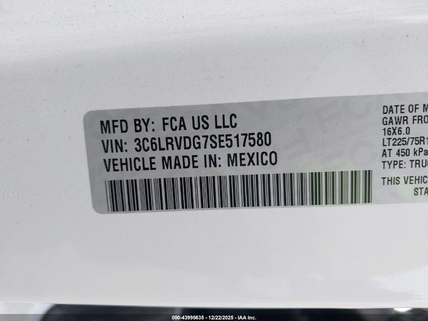 2025 Ram Promaster 2500 Tradesman High Roof 159 Wb W/Pass Seat VIN: 3C6LRVDG7SE517580 Lot: 43995635