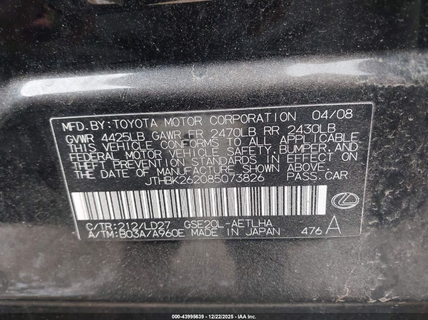 2008 Lexus Is 250 VIN: JTHBK262085073826 Lot: 43995639