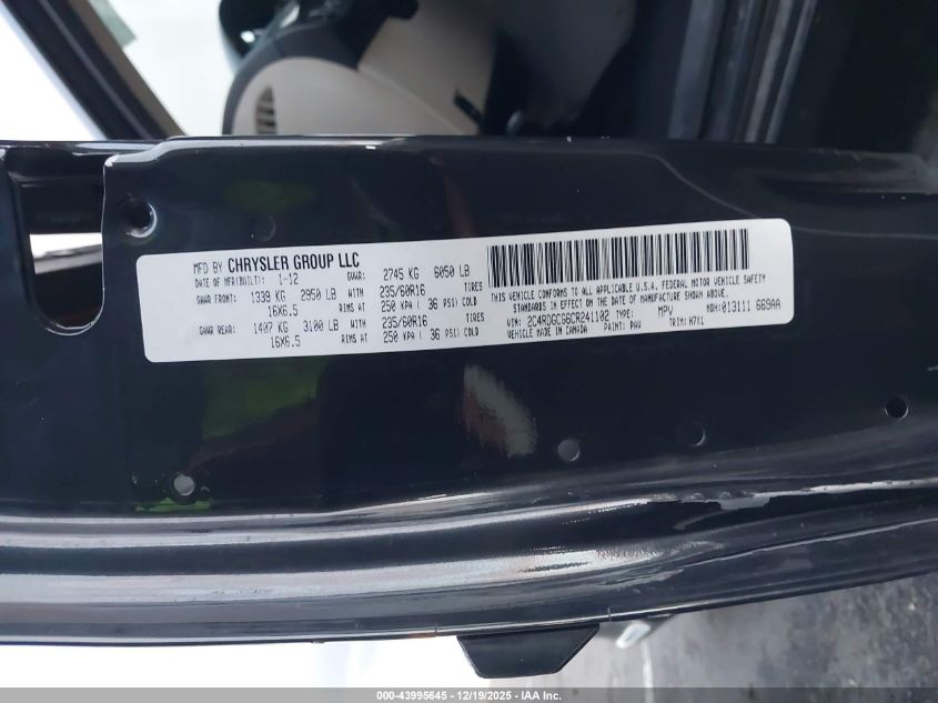 2012 Dodge Grand Caravan Sxt VIN: 2C4RDGCG6CR241102 Lot: 43995645