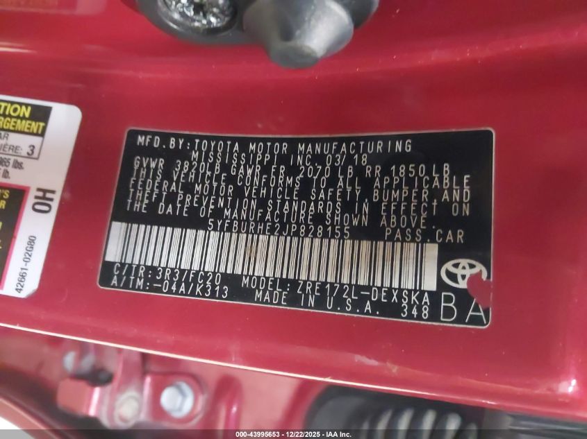 2018 Toyota Corolla Se VIN: 5YFBURHE2JP828155 Lot: 43995653