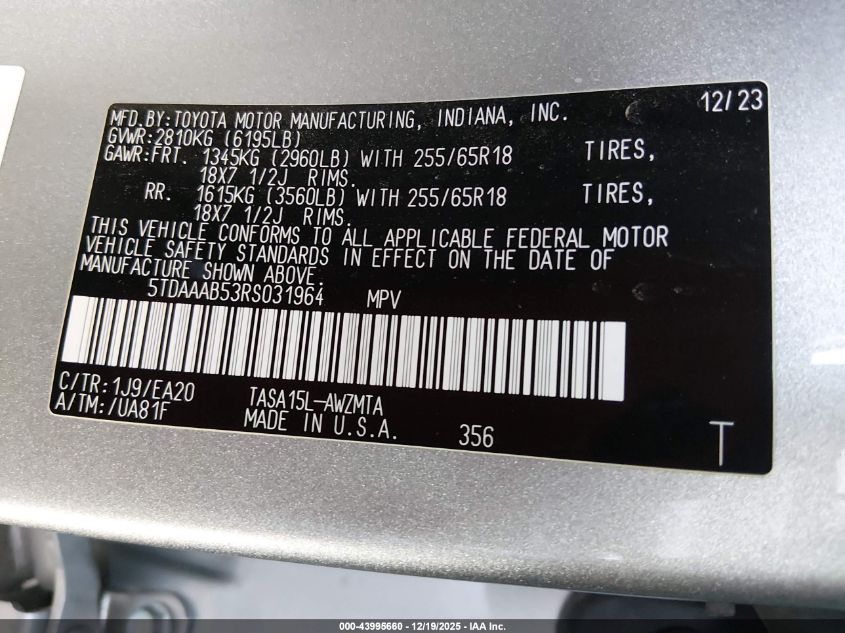 2024 Toyota Grand Highlander Xle VIN: 5TDAAAB53RS031964 Lot: 43995660