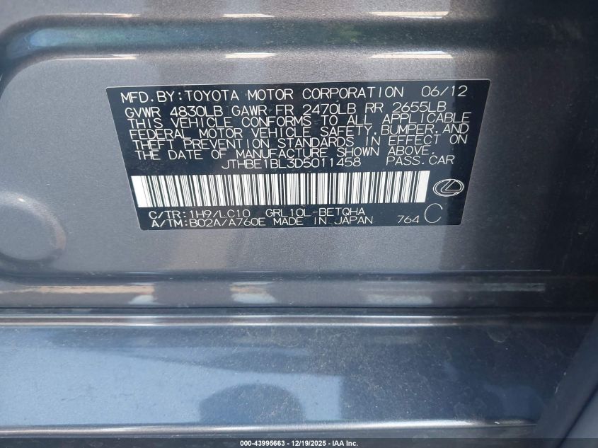 2013 Lexus Gs 350 VIN: JTHBE1BL3D5011458 Lot: 43995663