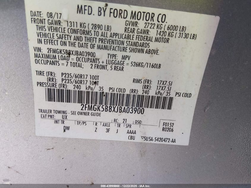 2018 Ford Flex Se VIN: 2FMGK5B8XJBA03900 Lot: 43995668