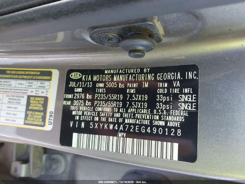 2014 Kia Sorento Limited V6 VIN: 5XYKW4A72EG490128 Lot: 43995671