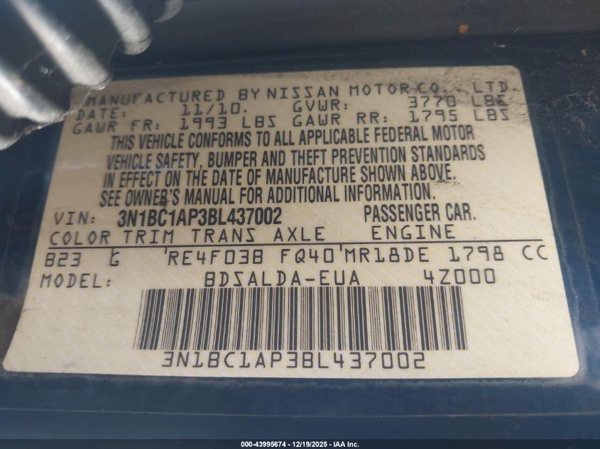 2011 Nissan Versa 1.8S VIN: 3N1BC1AP3BL437002 Lot: 43995674