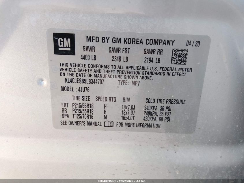 2020 Buick Encore Awd Preferred VIN: KL4CJESB5LB344707 Lot: 43995678