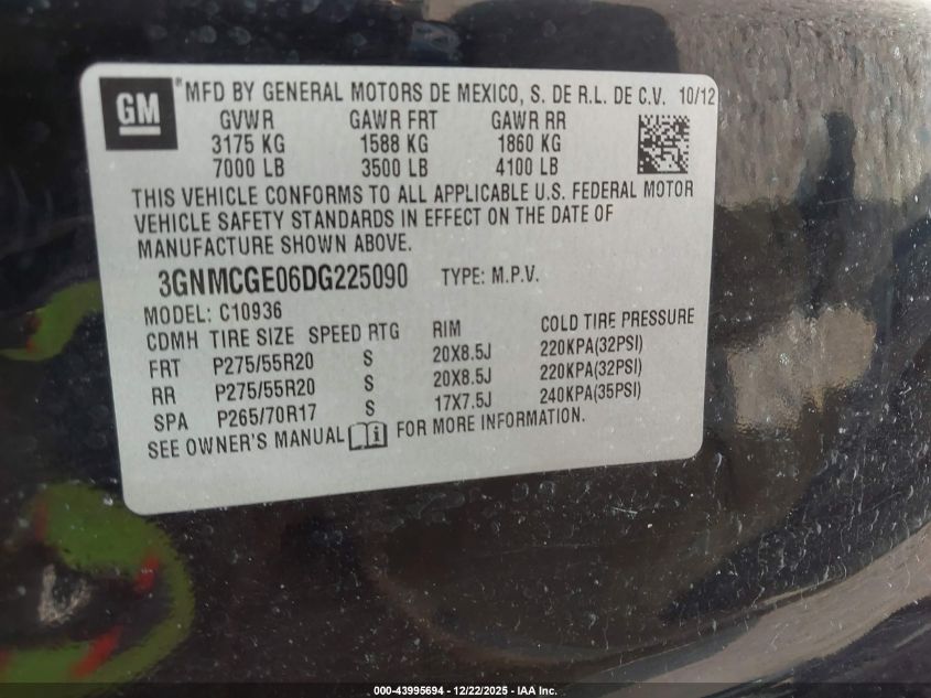 2013 Chevrolet Avalanche Ltz VIN: 3GNMCGE06DG225090 Lot: 43995694