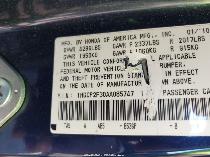 2010 Honda Accord 2.4 Lx VIN: 1HGCP2F30AA085747 Lot: 43995703
