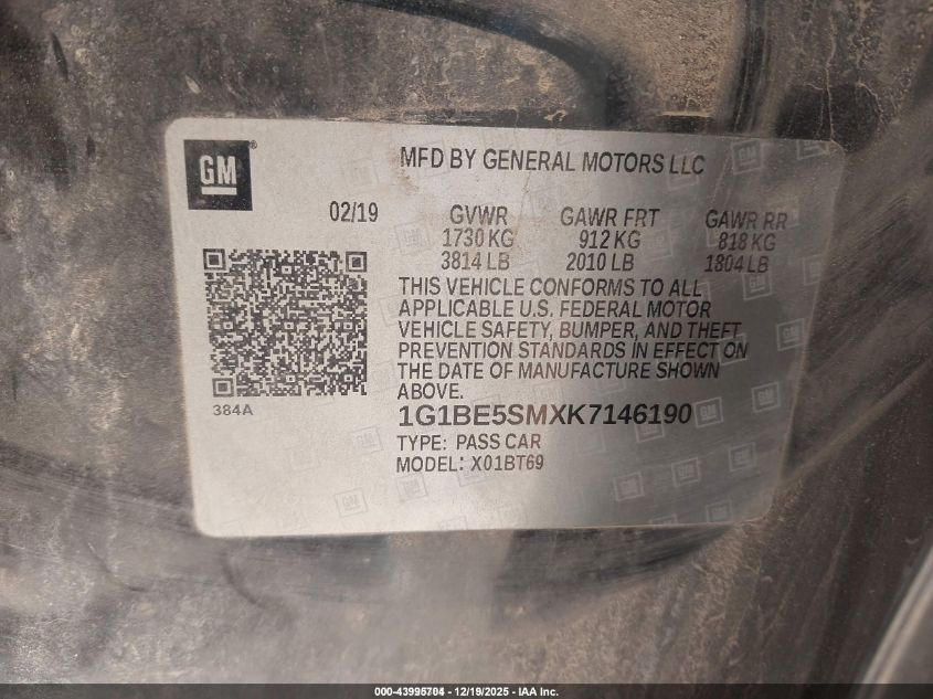 2019 Chevrolet Cruze Lt VIN: 1G1BE5SMXK7146190 Lot: 43995704