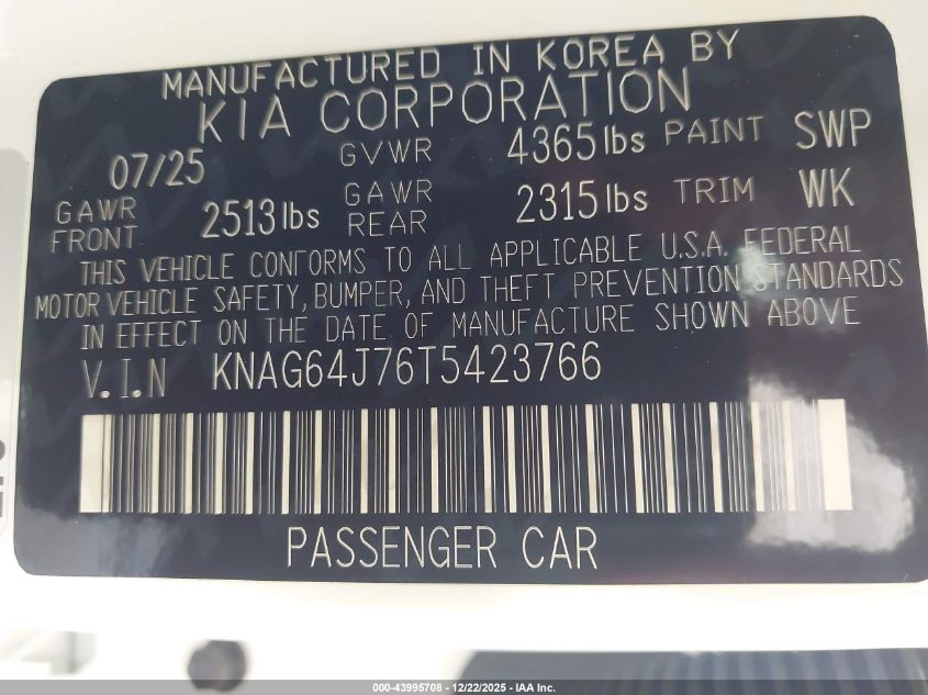 2026 Kia K5 Gt-Line Fwd VIN: KNAG64J76T5423766 Lot: 43995708
