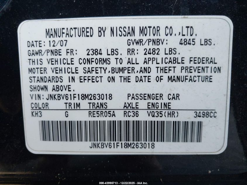 2008 Infiniti G35X VIN: JNKBV61F18M263018 Lot: 43995713