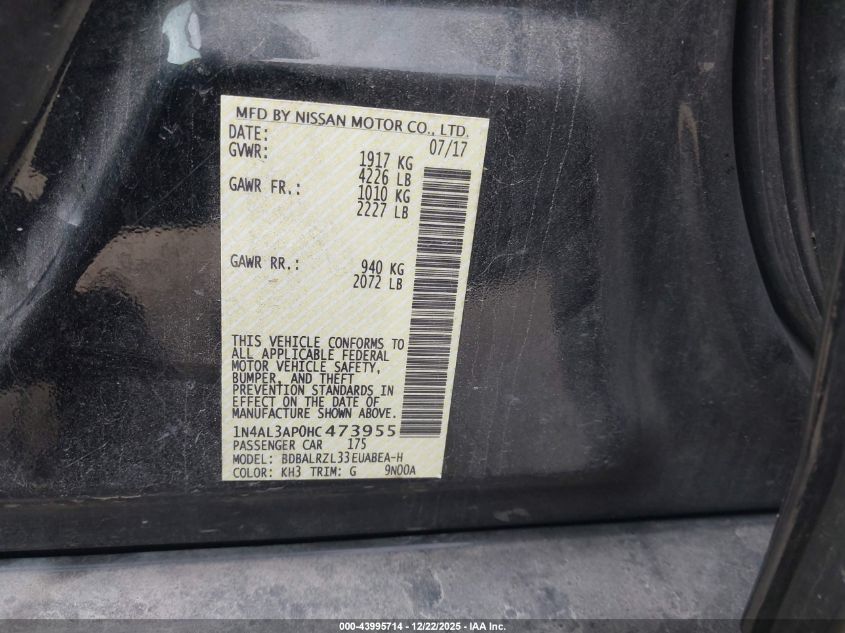 2017 Nissan Altima 2.5 Sl VIN: 1N4AL3AP0HC473955 Lot: 43995714
