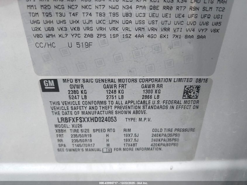 2017 Buick Envision Premium Ii VIN: LRBFXFSXXHD024053 Lot: 43995717