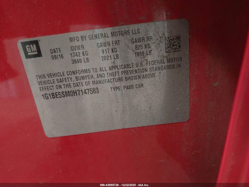 2017 Chevrolet Cruze Lt Auto VIN: 1G1BE5SM0H7147583 Lot: 43995726