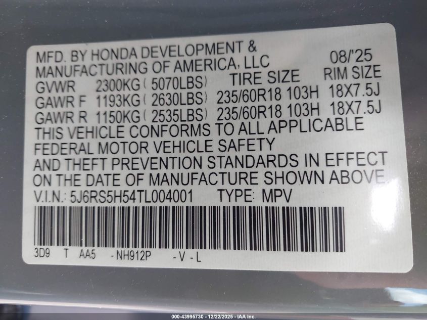2026 Honda Cr-V Hybrid 2Wd Sport VIN: 5J6RS5H54TL004001 Lot: 43995730