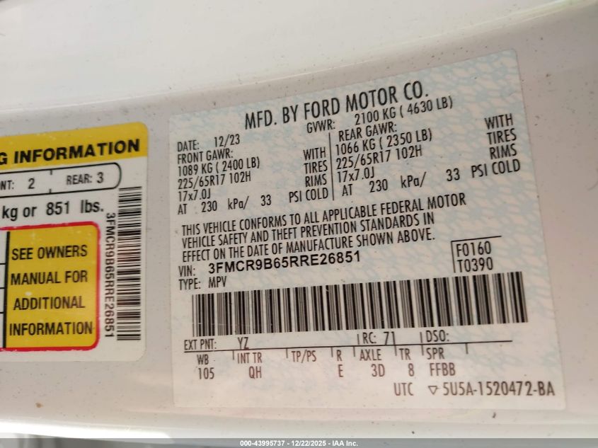 2024 Ford Bronco Sport Big Bend VIN: 3FMCR9B65RRE26851 Lot: 43995737