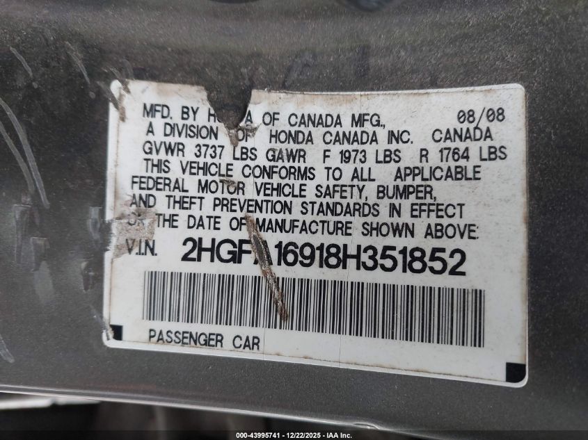 2008 Honda Civic Ex-L VIN: 2HGFA16918H351852 Lot: 43995741