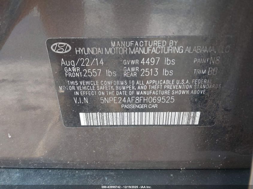 2015 Hyundai Sonata Se VIN: 5NPE24AF8FH069525 Lot: 43995742