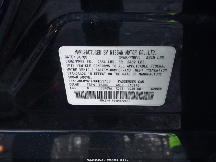 2008 Infiniti G35X VIN: JNKBV61F98M272453 Lot: 43995746